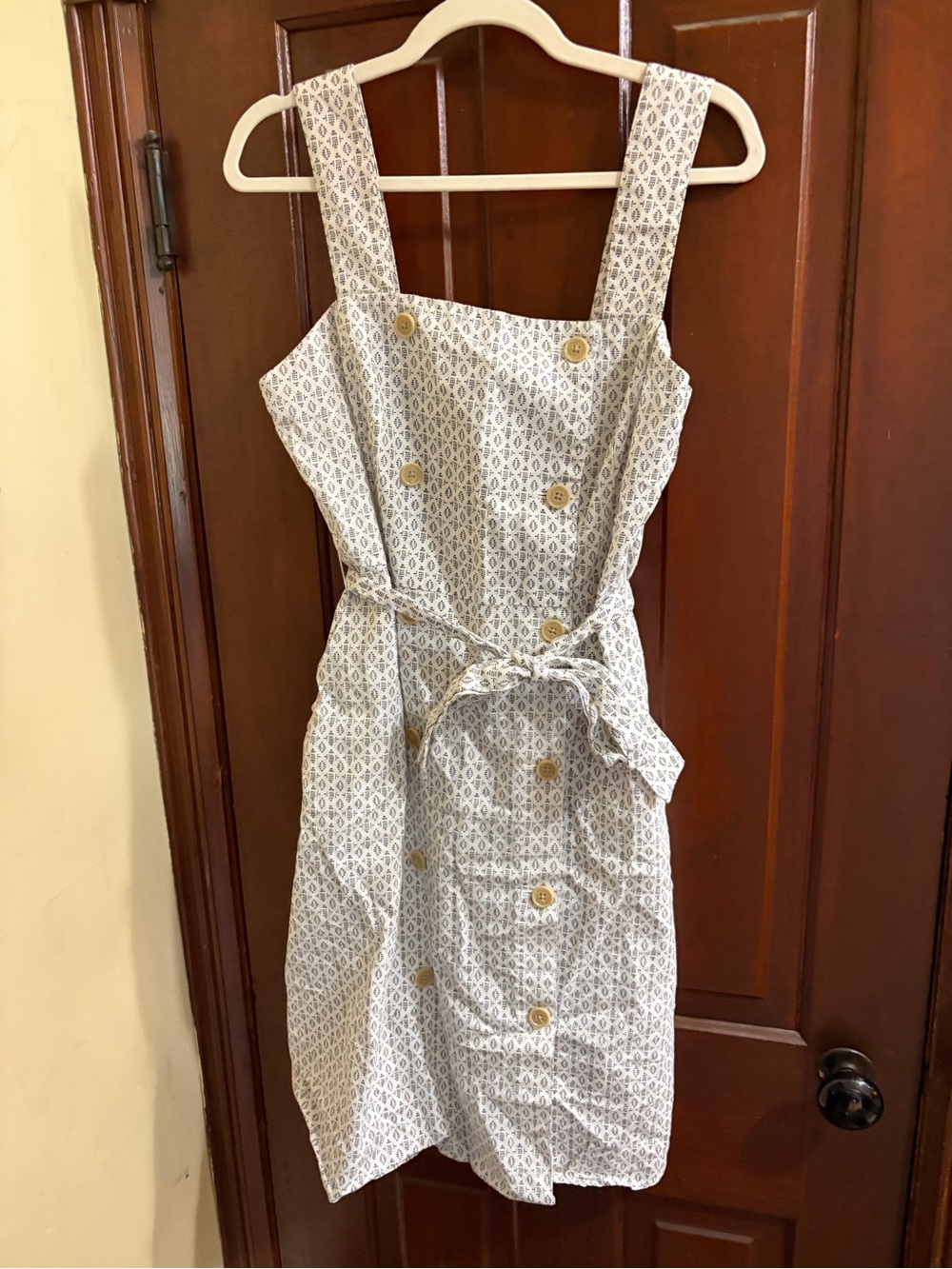 a.n.a Beige Printed Midi Dress with Button Front and Tie Waist